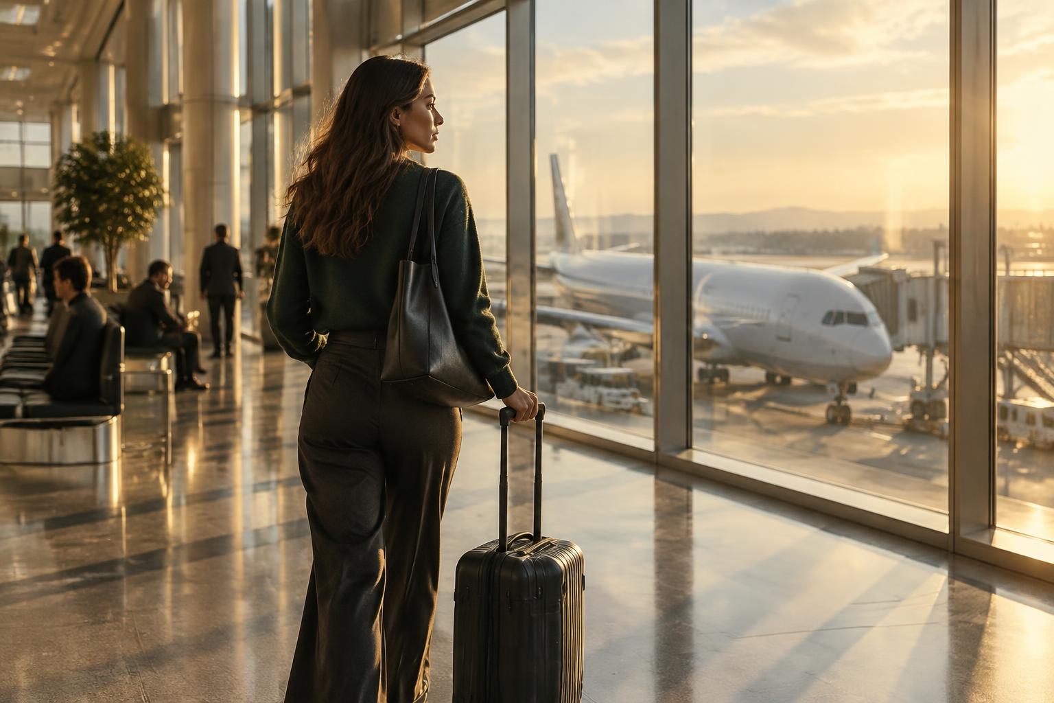 Viajante no aeroporto diante de um avião